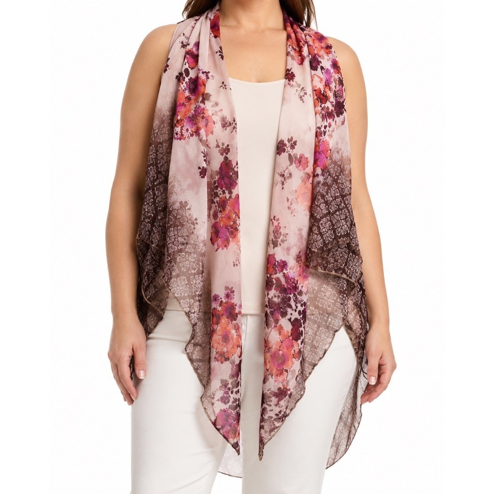 Allie Rose Womens Plus Floral Draped Vest Kimono Blouse Pink Brown M